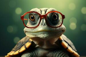 schattig schildpad dons bril, rood behang backdrop een slim, grappig genie ai gegenereerd foto