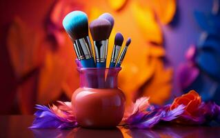 kunstenaarstalent in pastel kleuren verzameling van bedenken borstels Aan levendig achtergrond foto