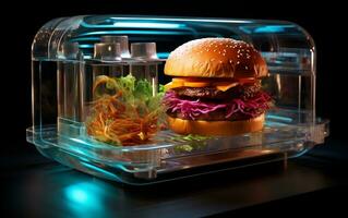 futuristische holografische 3d voedsel printer technologie. generatief ai foto