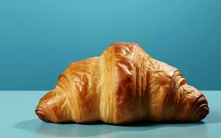 een Frans croissant Aan een blauw achtergrond, generatief ai foto