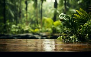 houten tafel in de regenachtig tropisch instelling, generatief ai foto