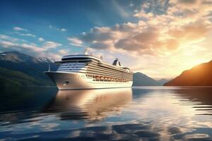 voortreffelijk zee reizen banier met een wit luxe reis schip, generatief ai foto