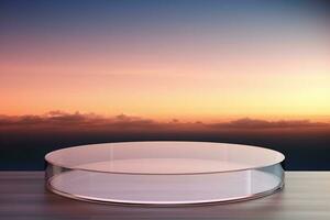 ronde glas tafel temidden van de schoonheid van een zonsondergang lucht, generatief ai foto