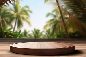 vrijgekomen circulaire houten podium Bij een sereen tropisch spa toevlucht, generatief ai foto