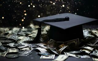zwart diploma uitreiking hoed Aan een dollars achtergrond, generatief ai foto