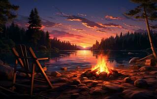 oever van het meer kampvuur gloeiend zonsondergang reflecties, generatief ai foto