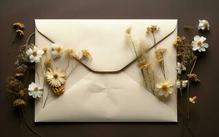 droog bloemen omgeving envelop met papier, generatief ai foto