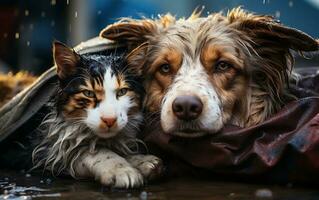 dakloos kat en hond resting samen in nat omgeving, generatief ai foto