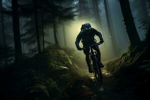 berg fietser in de bossen. generatief door ai. foto