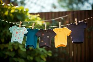 baby kleren hangende Aan Kledinglijn. generatief door ai. foto