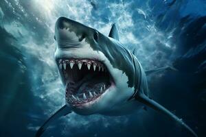 de oceaan top vastleggen een gevaarlijk haai met dodelijk kaken. generatief door ai foto
