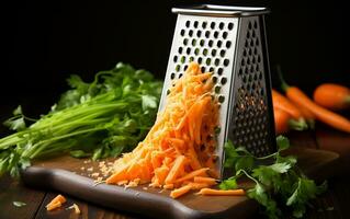 wortels en rasp - vers ingrediënten voor salade voorbereiden. generatief door ai foto