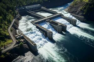 hydro-elektrisch macht fabriek antenne. generatief door ai foto