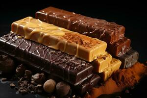 onweerstaanbaar chocola bars met karamel en vloeistof centra. generatief door ai foto