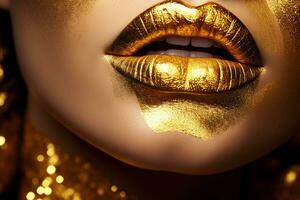 de chique schoonheid van gouden lippen in mode. generatief door ai foto