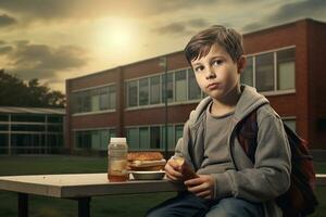 jongen genieten ontbijt in een school- instelling. generatief door ai foto