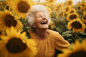 een gelukkig oud vrouw omringd door zonnebloemen. generatief door ai foto