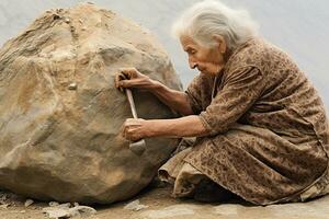 een oud vrouw energiek rock-op gebaar. generatief door ai foto