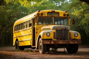 geel school- bus avontuur. generatief door ai foto