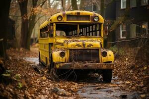geel school- bus avontuur. generatief door ai foto