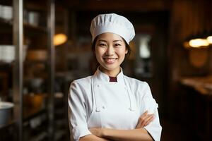 portret van een glimlachen Aziatisch vrouw chef. generatief door ai foto