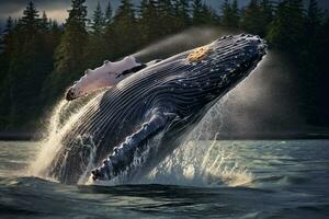 gebochelde walvis springt uit van de water. generatief door ai foto