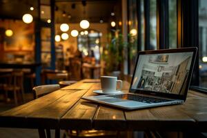 laptop en koffie in de koffie winkel. generatief door ai foto