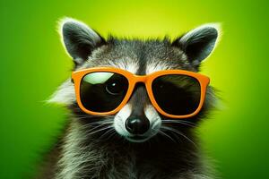 grillig wasbeer in groen zonnebril. generatief door ai foto