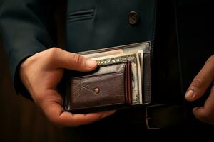 Mens Holding een portemonnee met geld binnen. generatief door ai foto