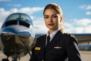 vrouw piloot staat trots in voorkant van haar vliegtuig. generatief door ai foto
