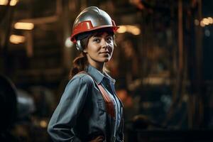 vrouw fabriek arbeider vervelend een veiligheid helm. generatief door ai foto