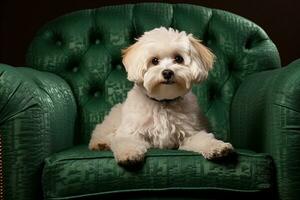 Maltipoo's elegant stuiten op met een wijnoogst leer stoel. generatief door ai foto