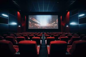 leeg modern film theater interieur met scherm en stoelen. generatief ai foto