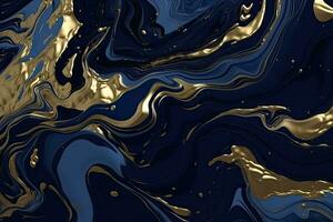 vloeistof wervelingen in marine blauw kleuren met goud poeder. luxueus ontwerp behang. generatief ai foto