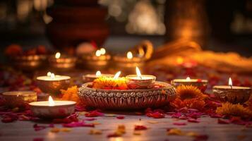 kleurrijk traditioneel olie lampen diya lit gedurende diwali viering. Hindoe festival van lichten viering. ai gegenereerd foto
