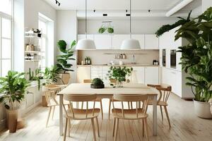 Scandinavisch keuken met houten en wit details. minimalistische interieur ontwerp. generatief ai foto