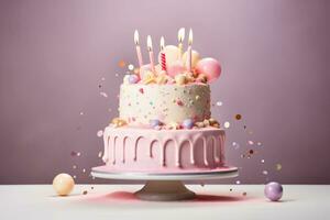 kleurrijk verjaardag taart met hagelslag en kaarsen. generatief ai foto