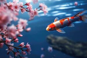 koi vis zwemmen in een vijver onder een kers boom. kers bloesems land- in een meer. generatief ai foto