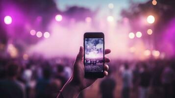 nemen afbeeldingen van een concert Aan de mobiel telefoon. Open lucht festival. generatief ai foto