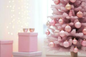 roze Kerstmis boom en decoraties. Kerstmis achtergrond. ai gegenereerd foto