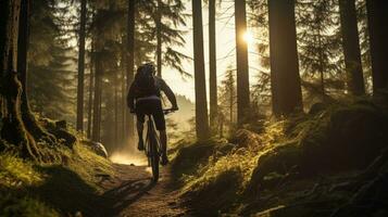 berg fietser Aan Woud spoor in de zonsondergang. generatief ai foto