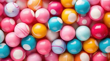 kauwgomballen achtergrond. kleurrijk snoepjes. geassorteerd helder gekleurde dragees. generatief ai foto