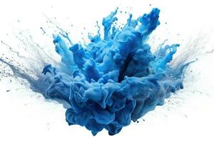 explosie van blauw verf Aan wit achtergrond. vloeistof achtergrond. kleur explosie. generatief ai foto