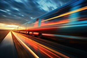 hoog snelheid trein in beweging Aan spoorweg station Bij zonsondergang. generatief ai foto