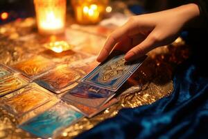 astroloog berekent natal tabel en maakt een voorspelling van lot.tarot kaarten. esoterisch achtergrond. fortuin vertellen, tarot voorspellingen. generatief ai foto