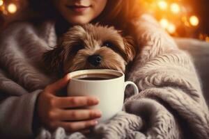 een meisje in een trui De volgende naar een hond houdt een kop van koffie in haar handen. knus herfst gevoel. generatief ai foto