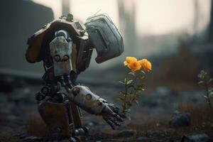 een robot ruiken een bloem in donker post apocalyptisch landschap. generatief ai foto