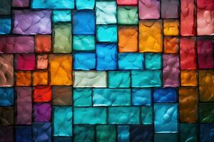 kleurrijk glas blok muur textuur. glimmend transparant dik glas tegels met naden achtergrond. generatief ai foto