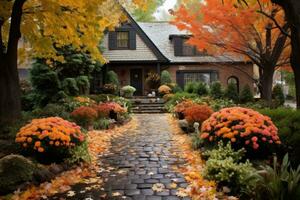 voorkant werf met planten in val. elegant huis versierd voor herfst vakantie seizoen, kleurrijk struiken Aan een voorgrond. ai gegenereerd foto