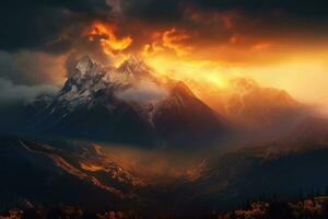 een panoramisch visie van een berg onder de gouden zonsondergang. generatief ai foto
